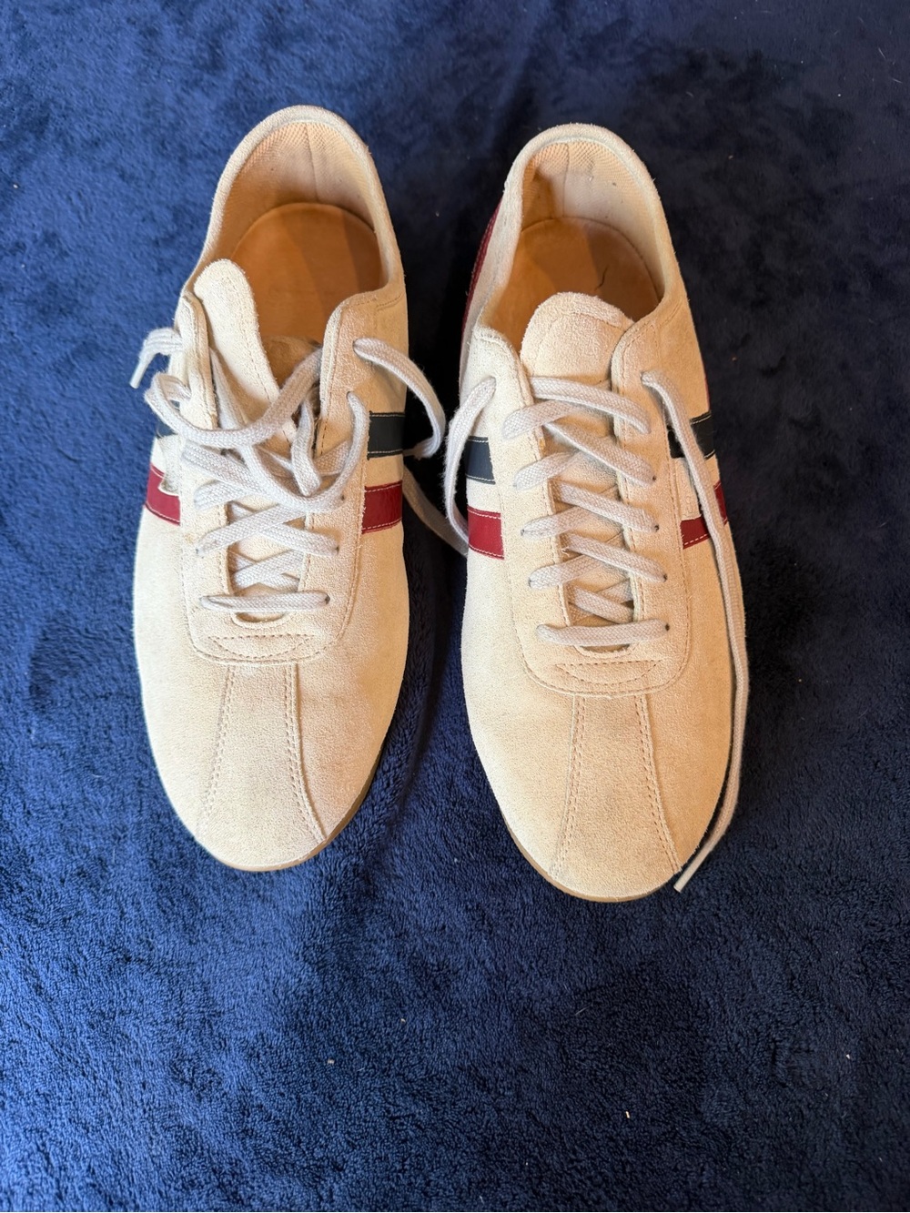 Coach Men's Beige Suede Sneakers with Red & Black Stripes